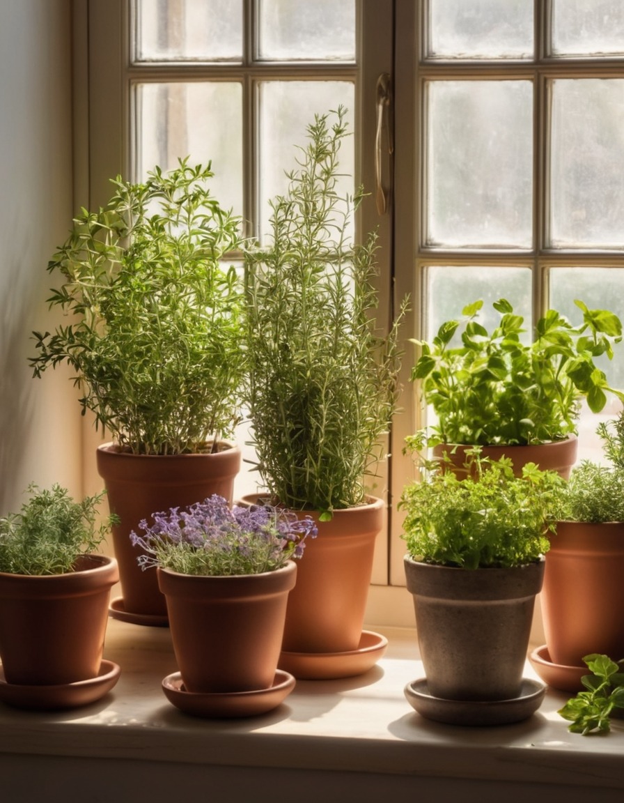 kitchen, windowsill, herbs, home, cooking, interior