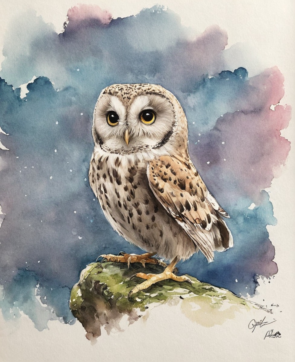 animal, bird, watercolour, owl, ink, pencil, watercolor