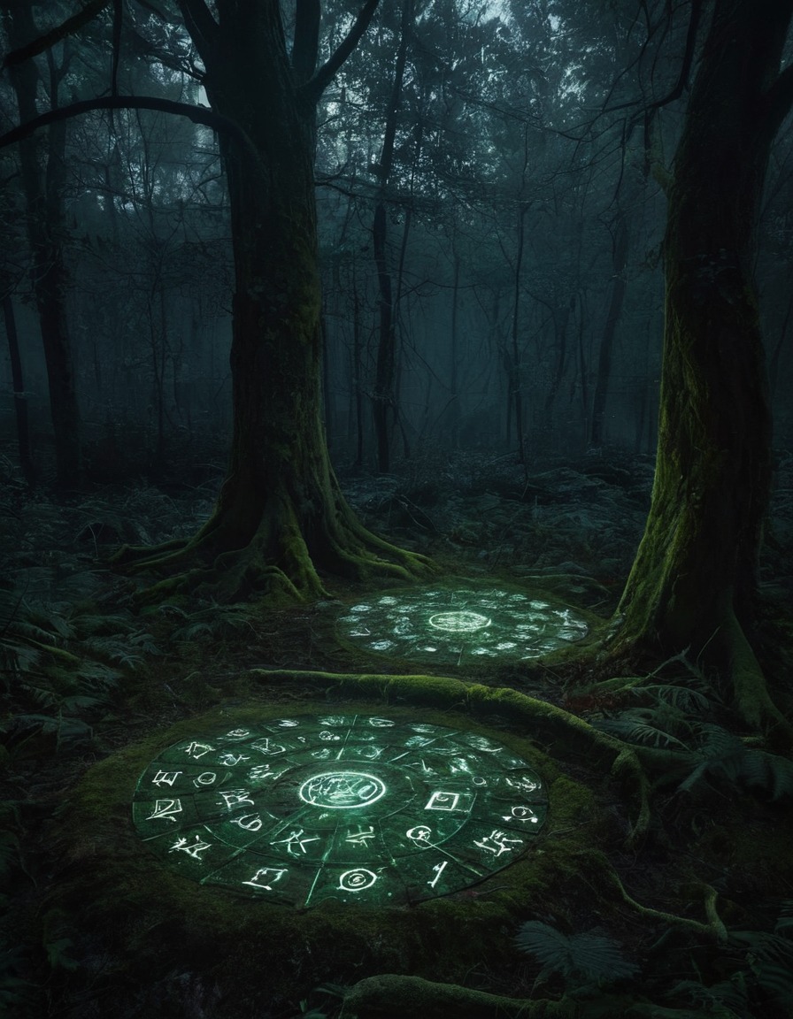 mystical, forest, runes, magic, enchantment