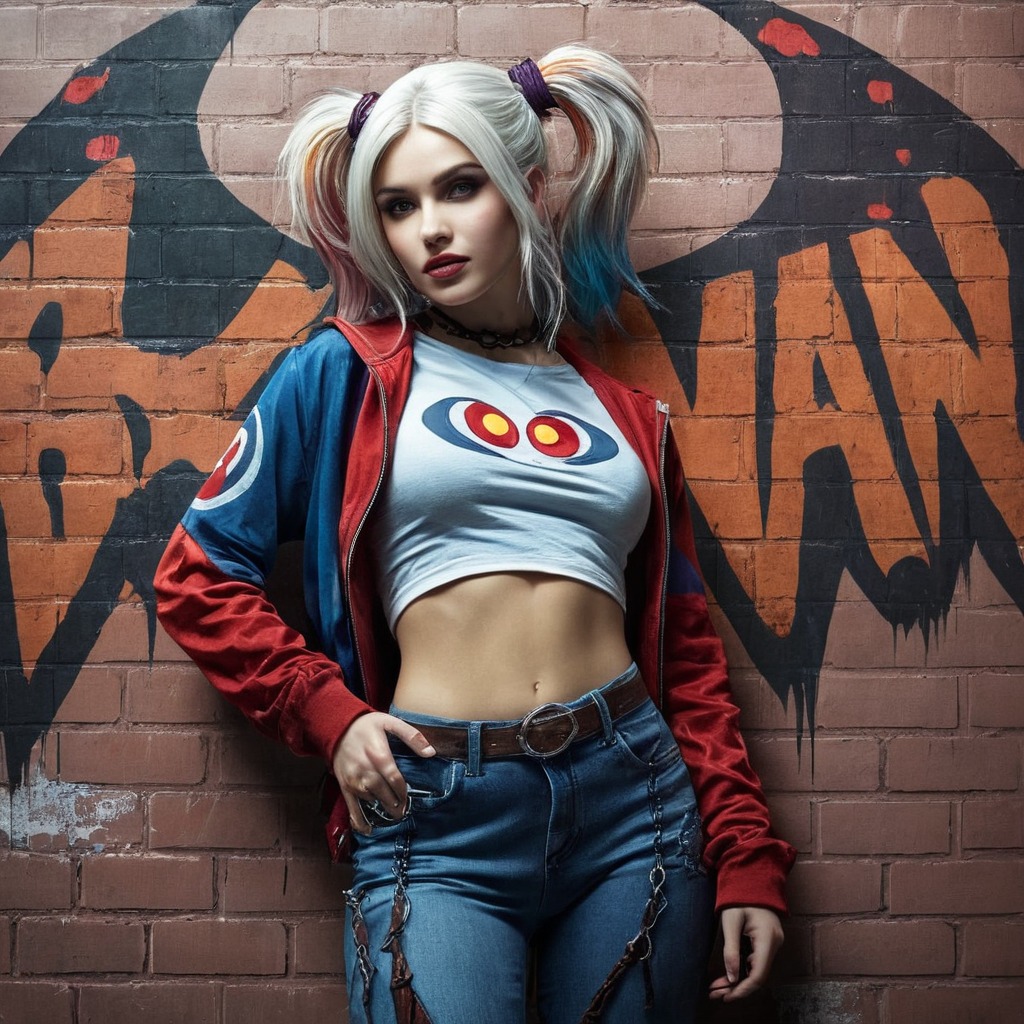 digitalart, fanart, harleyquinn, portrait, digitalpainting, batman, characterdesign, abs, clowngirl, croptop, jeans, midriff, oilpainting, croppedjacket, harley_quinn, aiart, jeanssexy, croptopshirt, croptopsexy