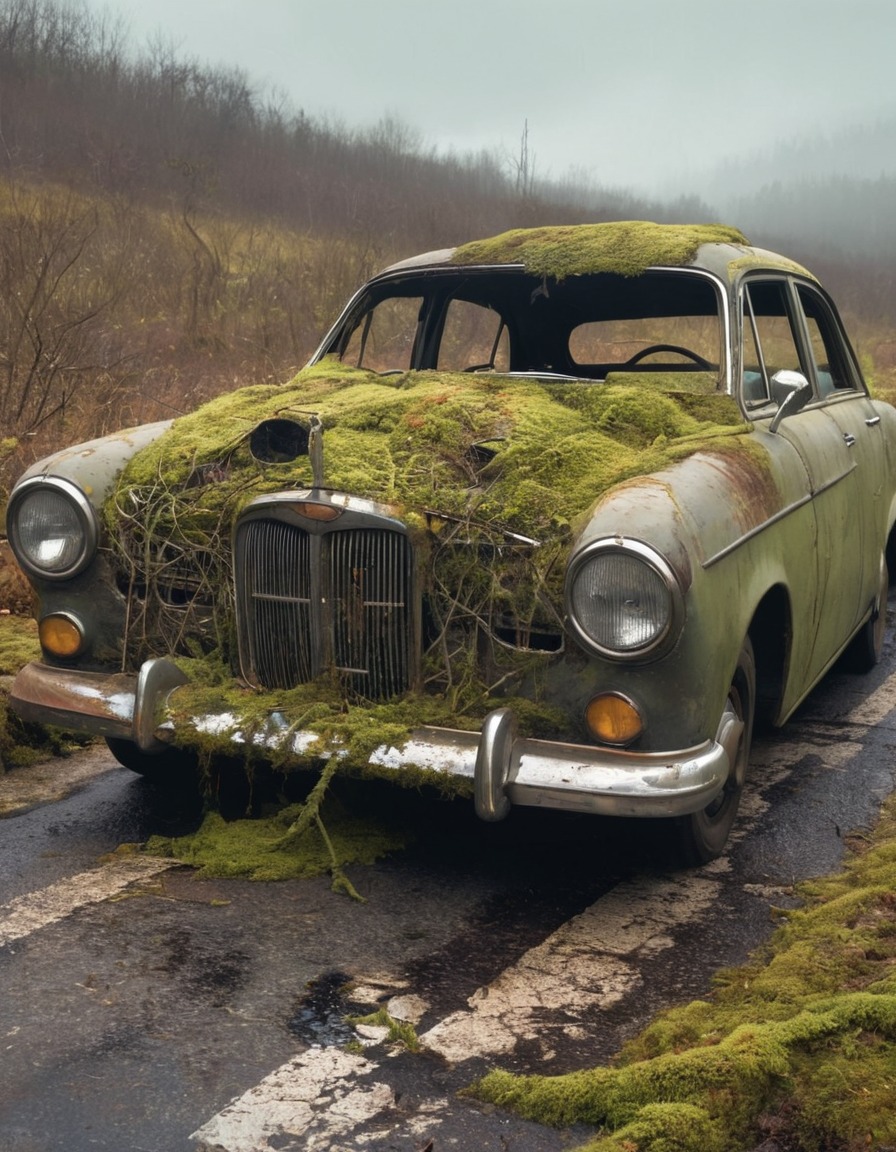 rusted, abandoned, car, moss, vines, fallout, games, tv shows