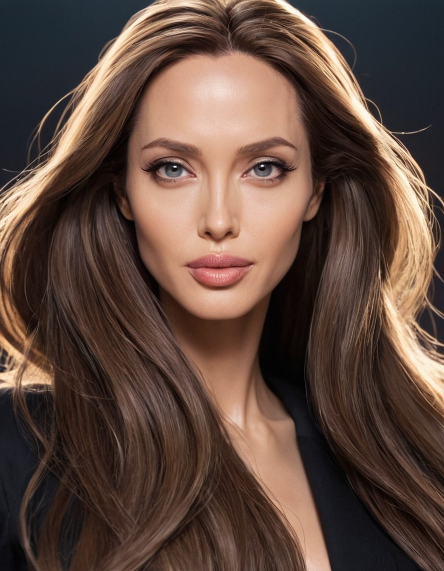 angelina jolie, anime, character design, long hair, mysterious expression, digital art