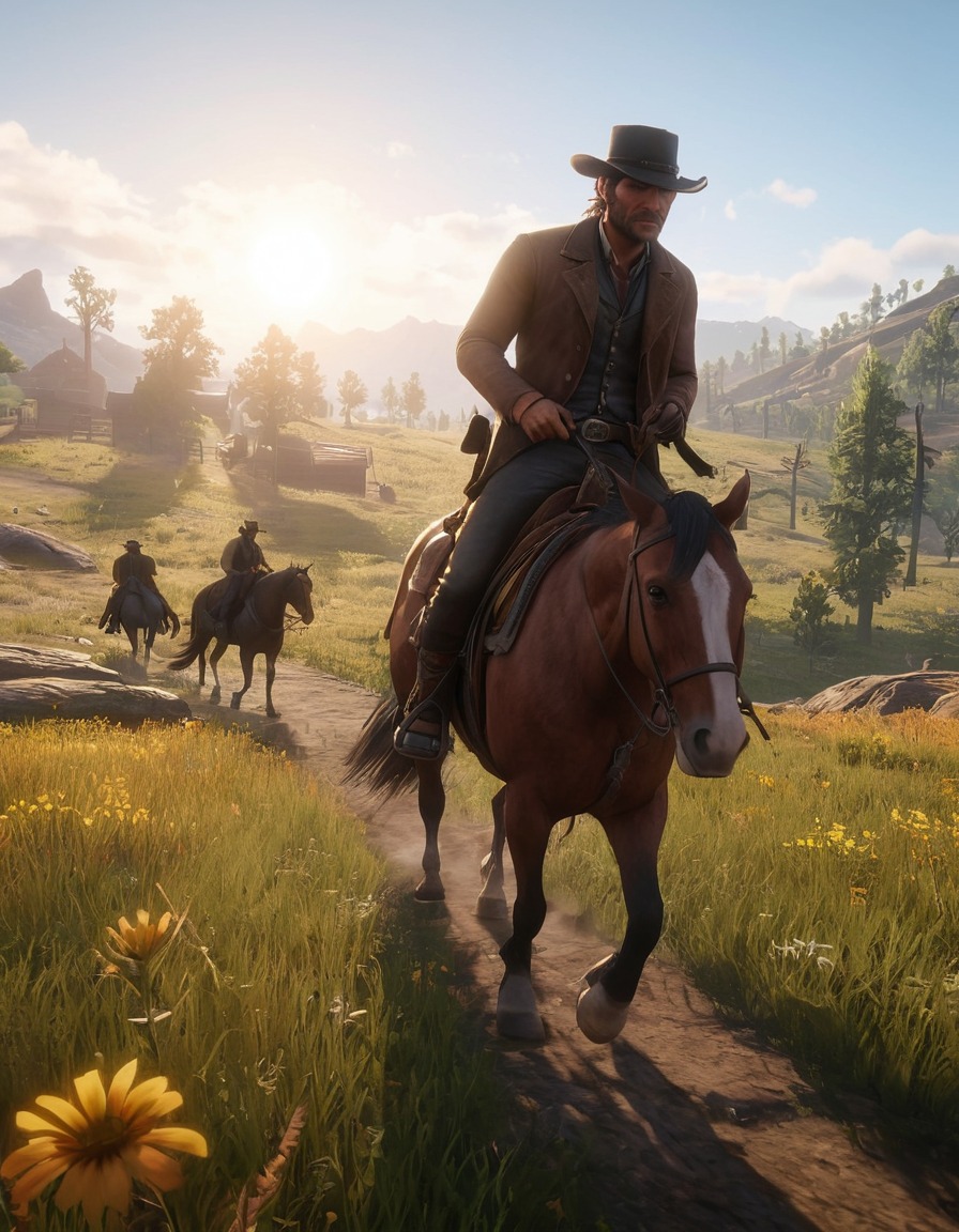 arthur morgan, horse riding, open-world, video game, red dead redemption 2, nature, meadow, computer games