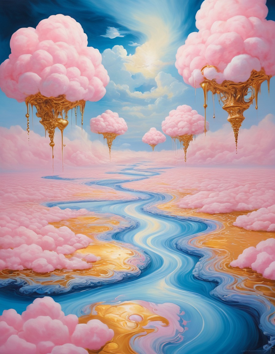 fantasy, surreal, landscape, cotton candy clouds, golden rivers