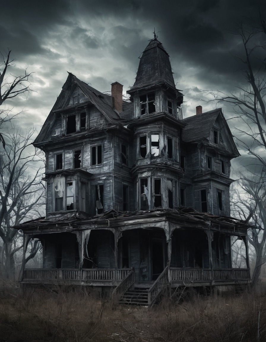 haunted house, broken windows, twisted architecture, spooky, eerie, gothic, underground, dark