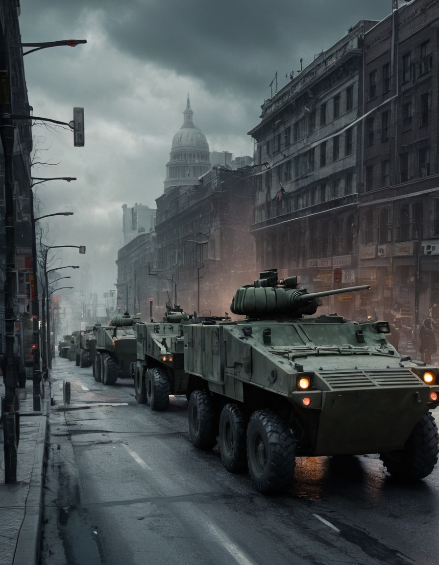 military vehicles, barricade, city street, wartime, control, traffic, security, war, usa