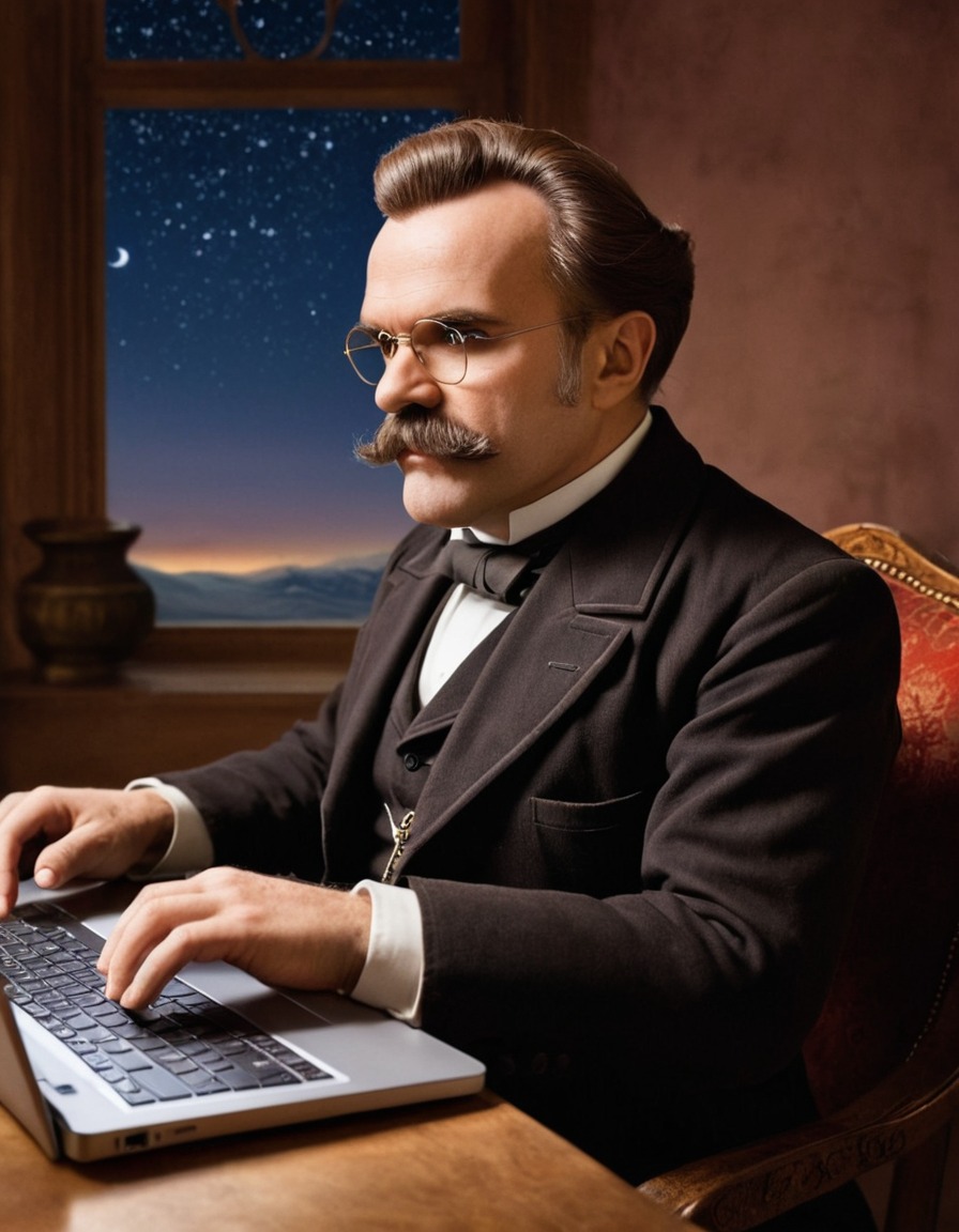 friedrich nietzsche, laptop, internet browsing, philosophy