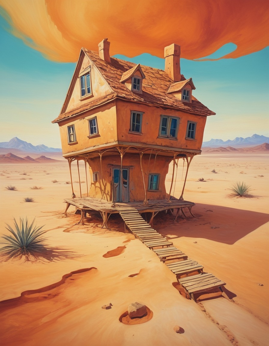 house, legs, walking, desert, surreal