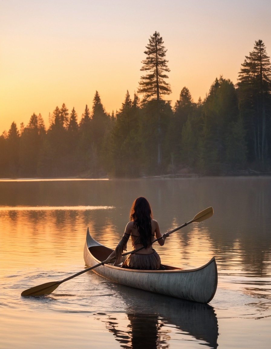 woman, tattered clothing, canoe, serene lake, sunset, female, sexy