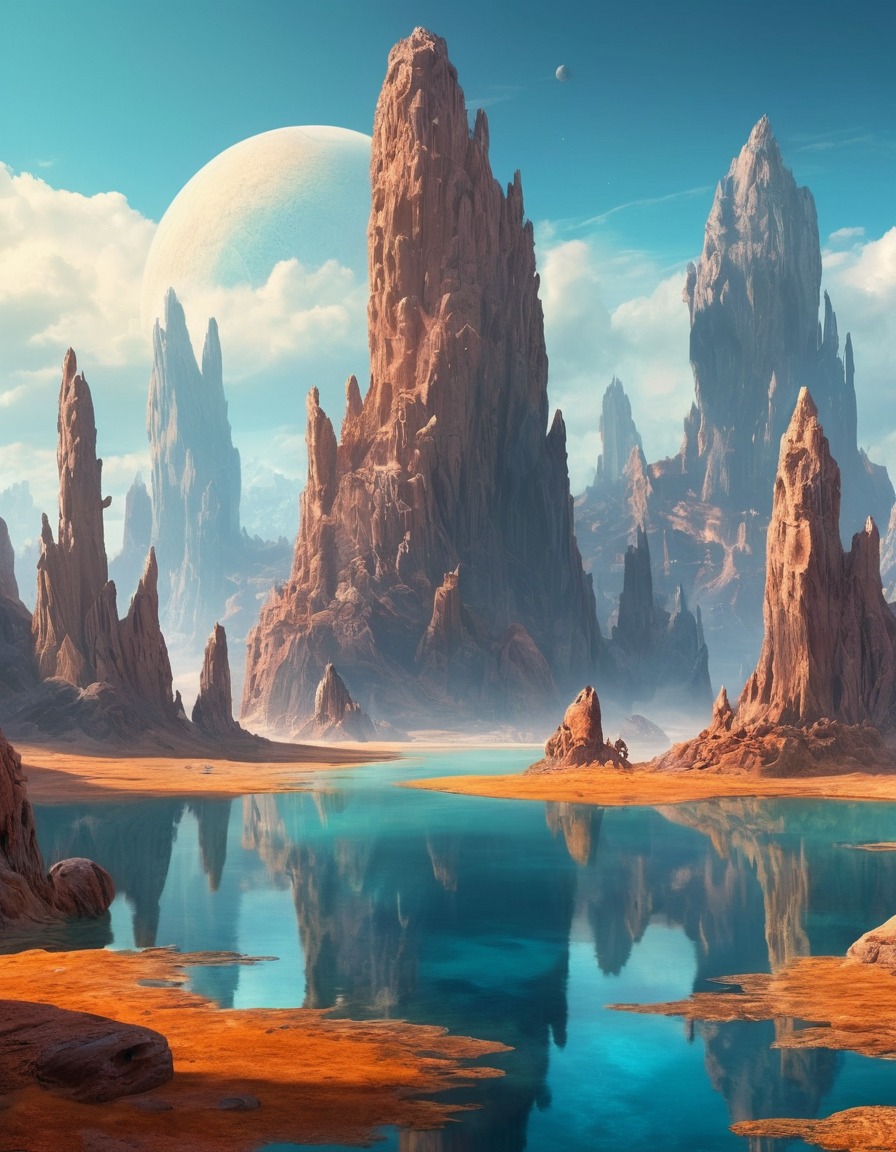 surrealism, oil painting, alien landscape, rock formations, floating islands, extraterrestrial, aliens