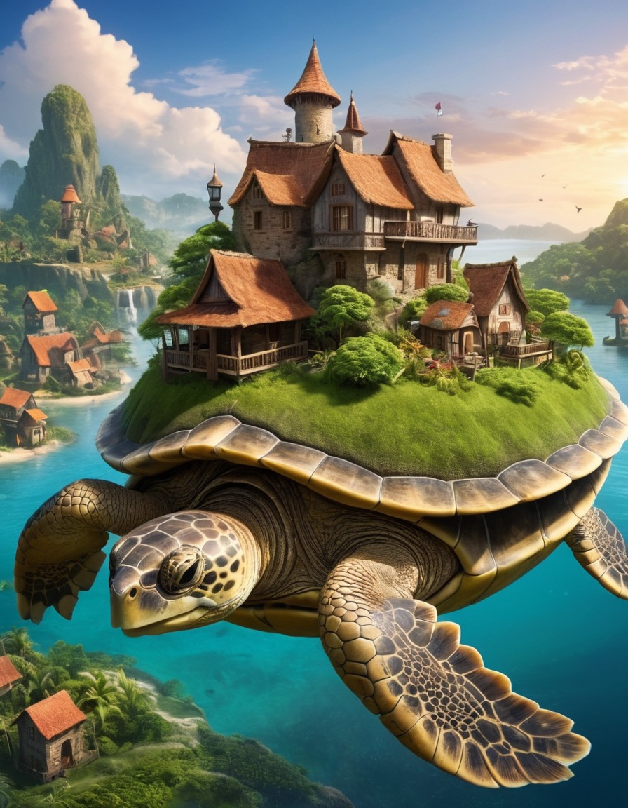 fantasy, village, giant turtle, houses, balance, precarious, fantastic