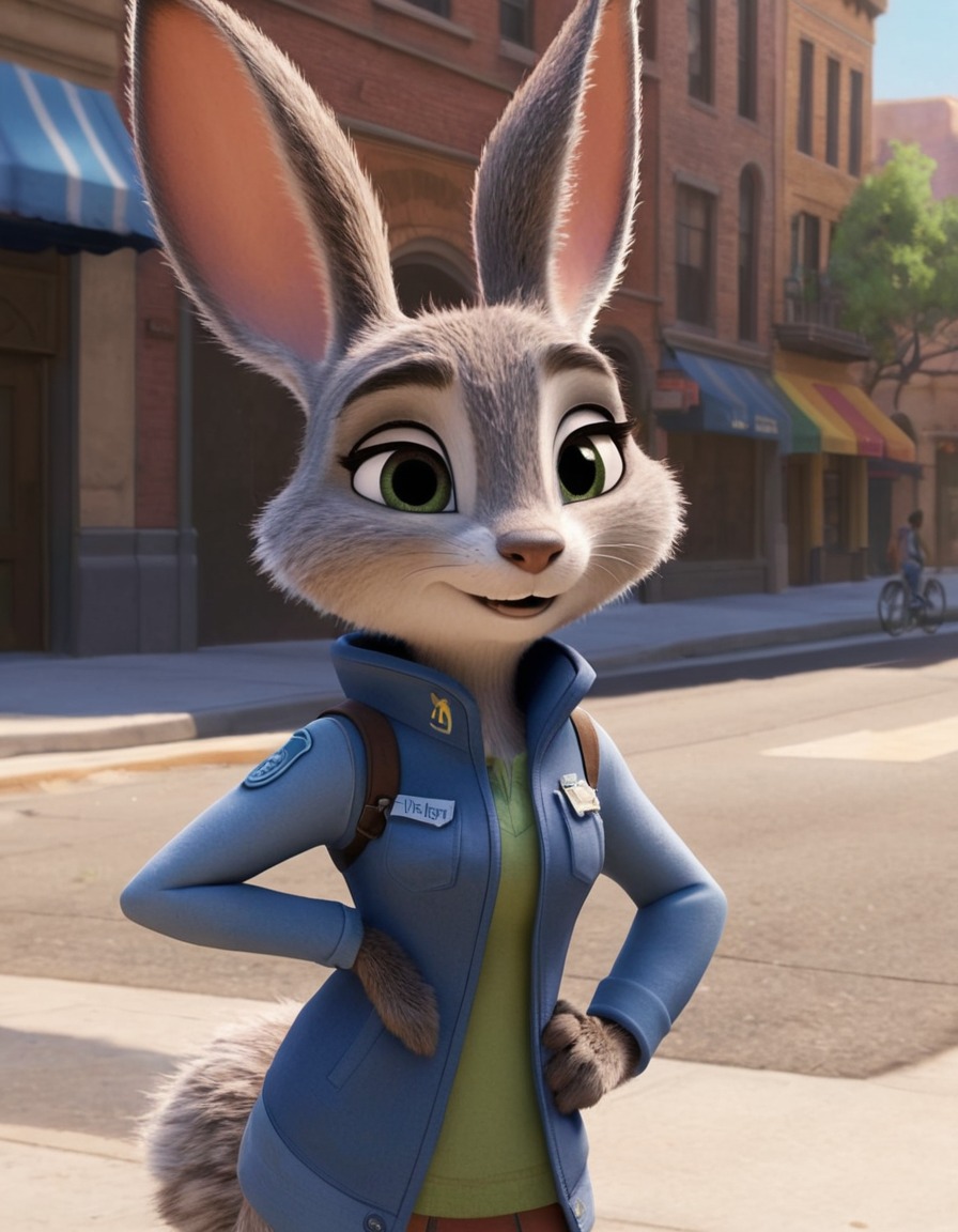 judy hopps, zootopia, digital painting, character art, animation, cityscape, confident pose, movies