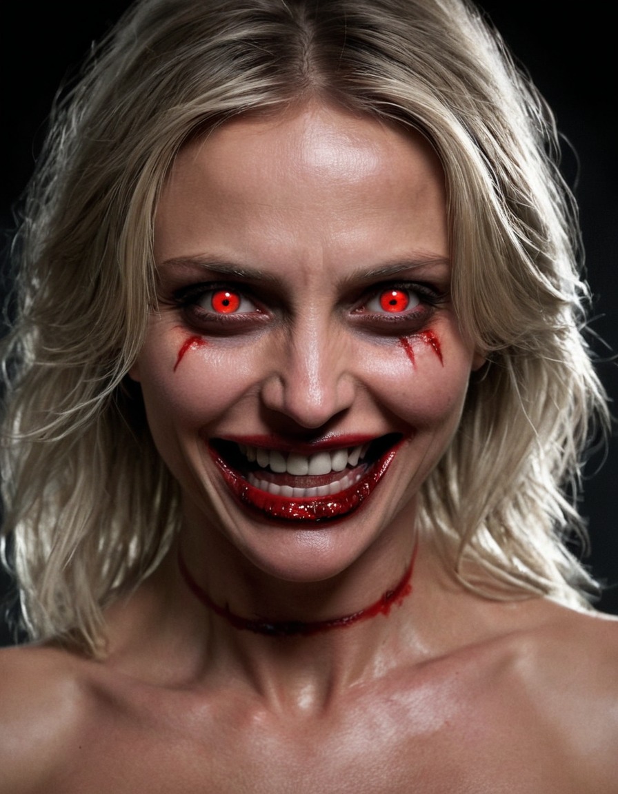 cameron diaz, actress, sinister, glowing eyes, malevolent grin, dark, evil