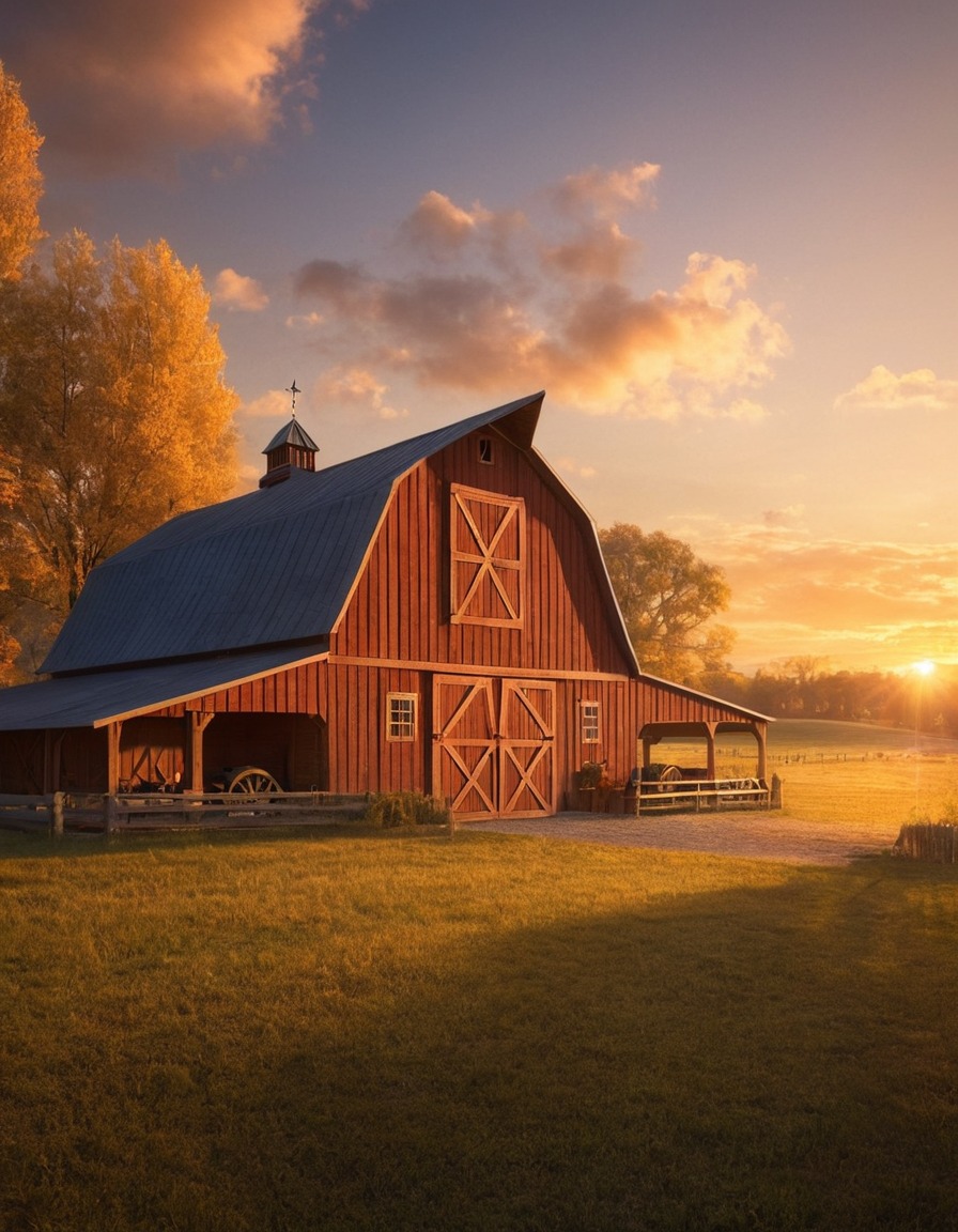 barn, sunset, golden, cozy, rural, countryside