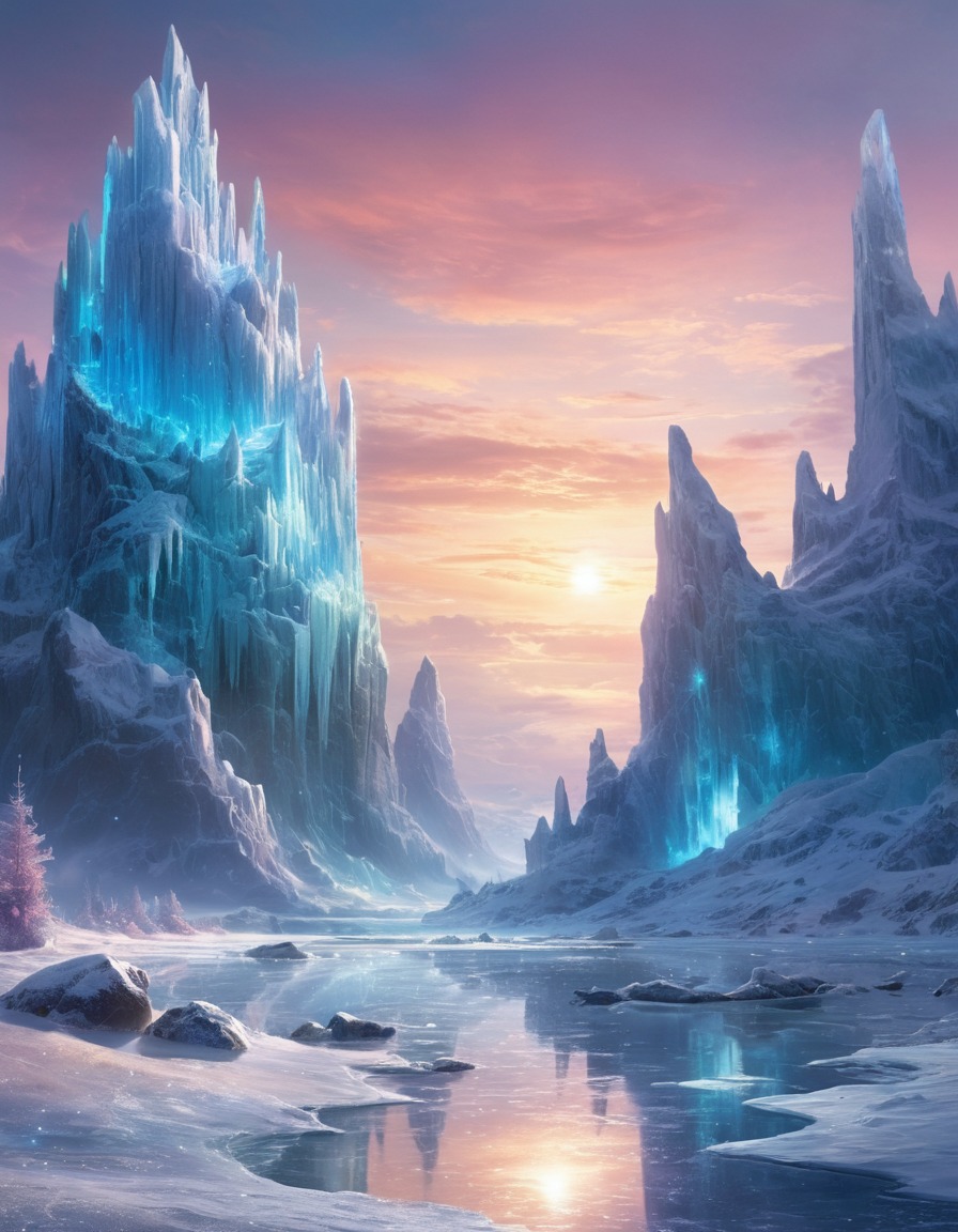 frozen tundra, ice giants, shimmering ice crystals, glowing auroras, fantastic