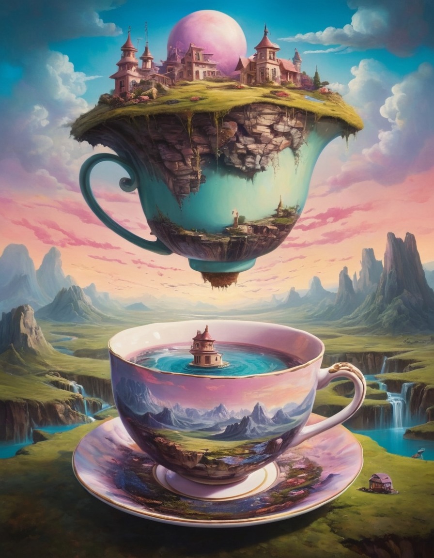 tea cup, surreal, landscape, oversized, whimsical