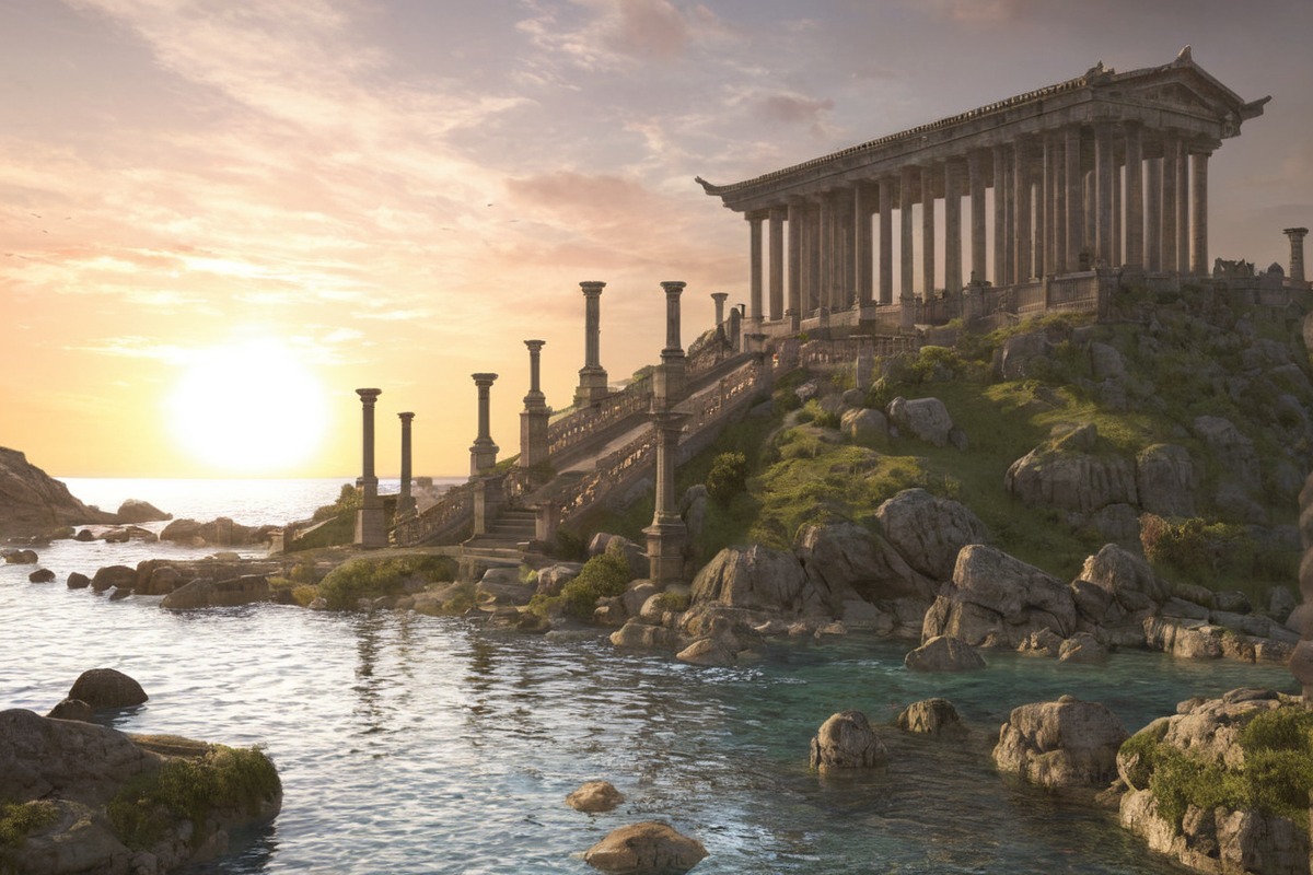 3dmodel, 3dmodeling, castle, cgi, environment, fantasy, greek, landscape, mons, render, rendering, river, rome, sea, sunset, temple, marcmons, fantasyenvironment