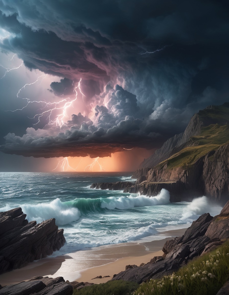 storm clouds, thunderstorm, coastline, nature, weather, dramatic landscape