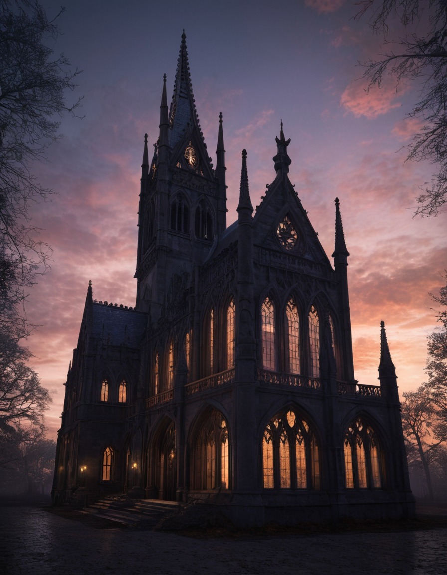 architecture, gothic style, building, dusk, silhouette, dramatic, sky