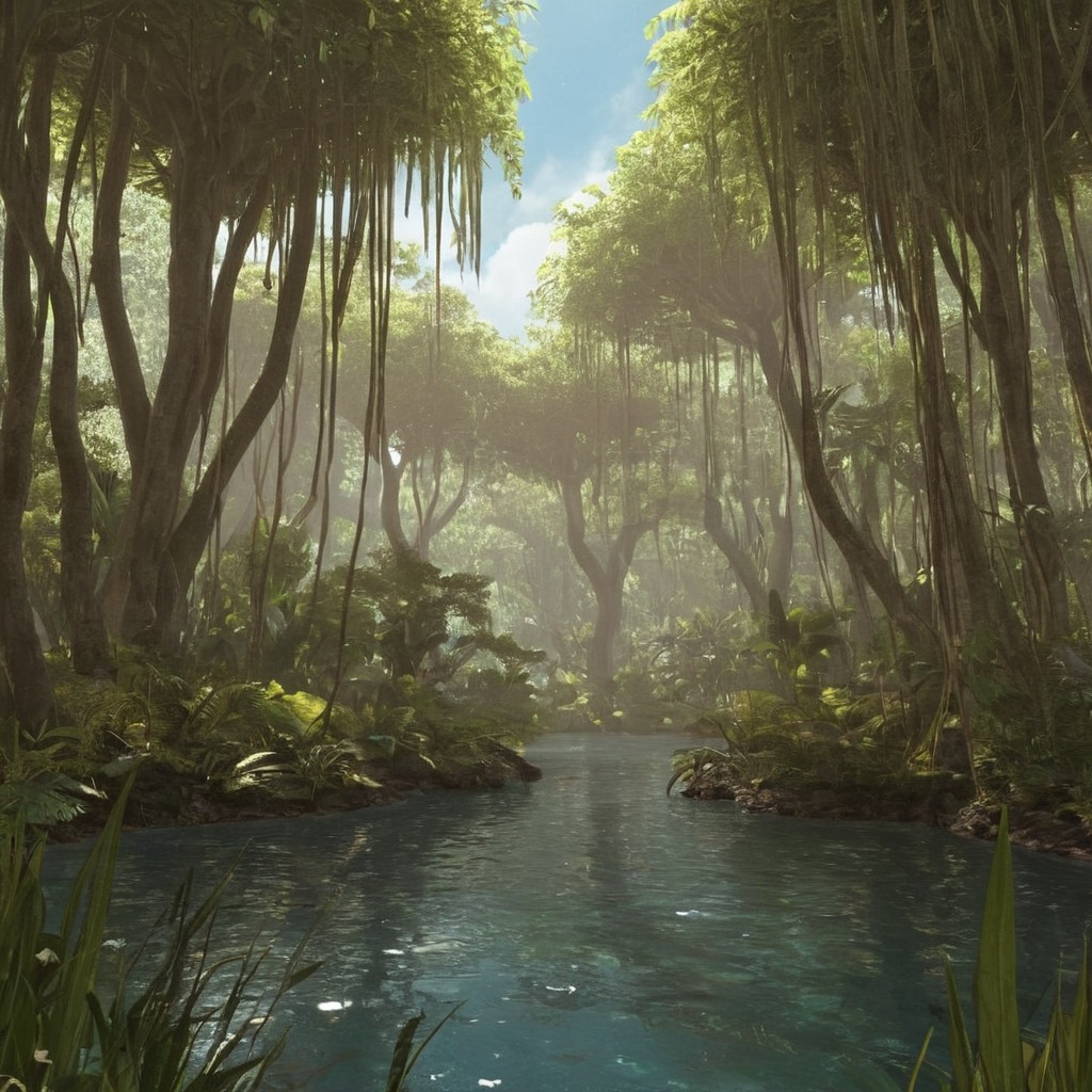 digitalart, fantasyart, waterfall, dreamup, plants, mangrove, swamp, ai_art