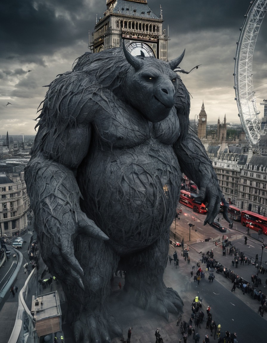 london, big ben, london eye, colossal creature, chaos, fantasy, destruction, monster