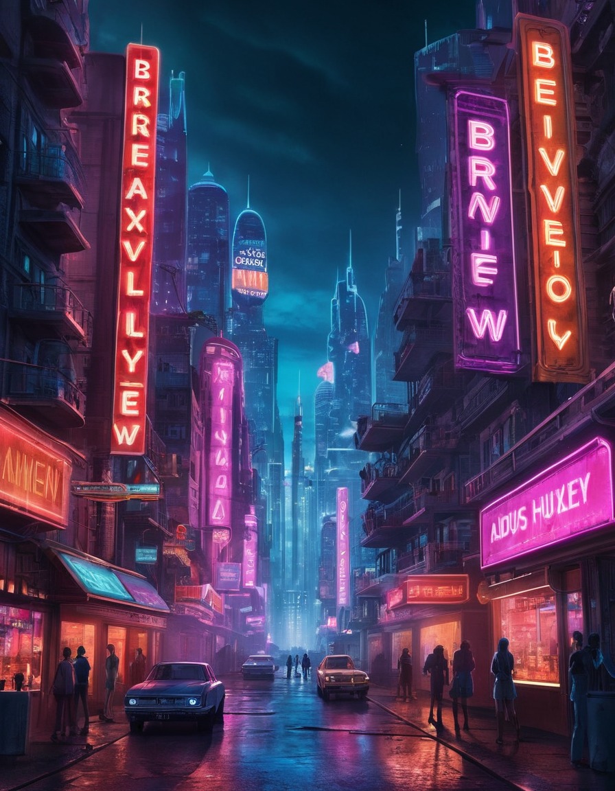 dystopian, cityscape, neon signs, futuristic buildings, books