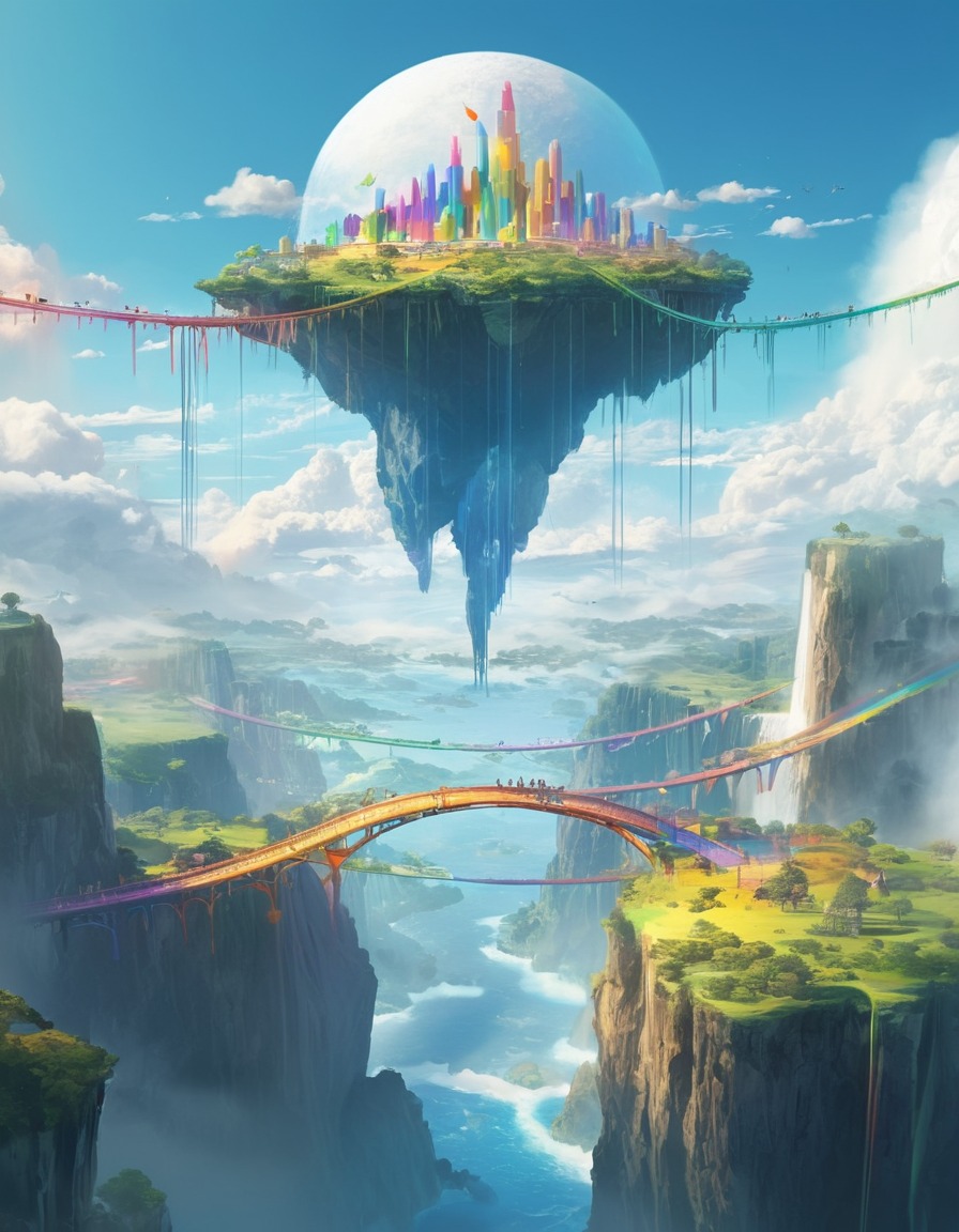 fantasy, floating islands, sky high, rainbow bridges, tranquil, fantastic