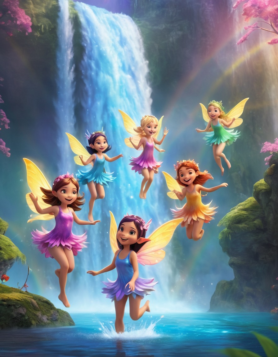 fairies, fantasy, magical creatures, rainbow, waterfall, whimsical, fantastic