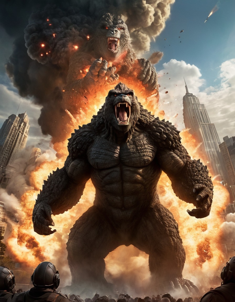 godzilla, king kong, monster, kaiju, explosion, kong