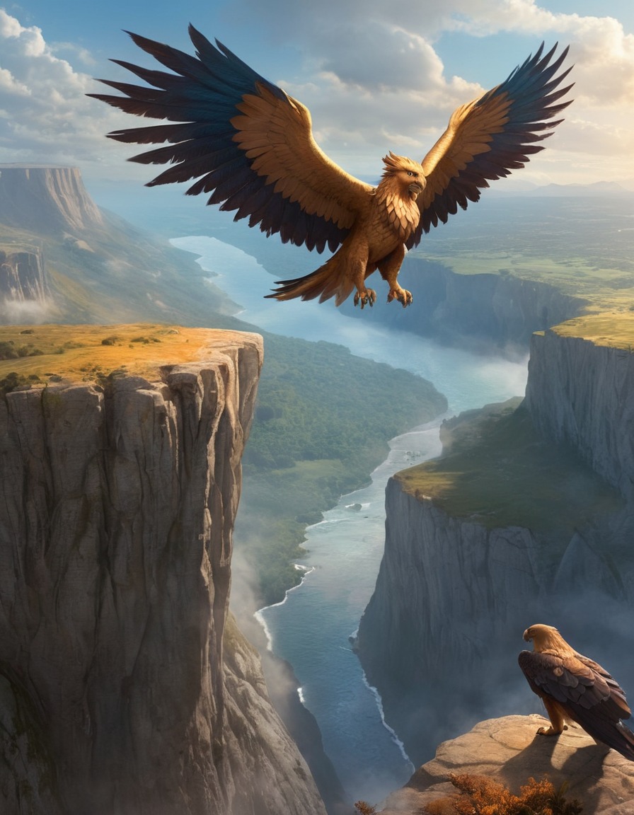 fantasy, creature, griffin, cliff, landscape