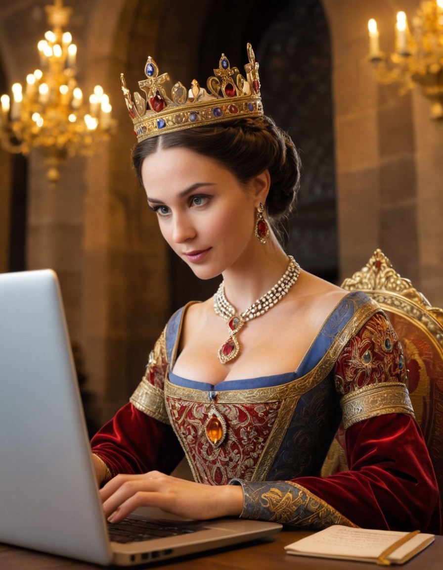 medieval, manuscript illumination, queen, laptop, art