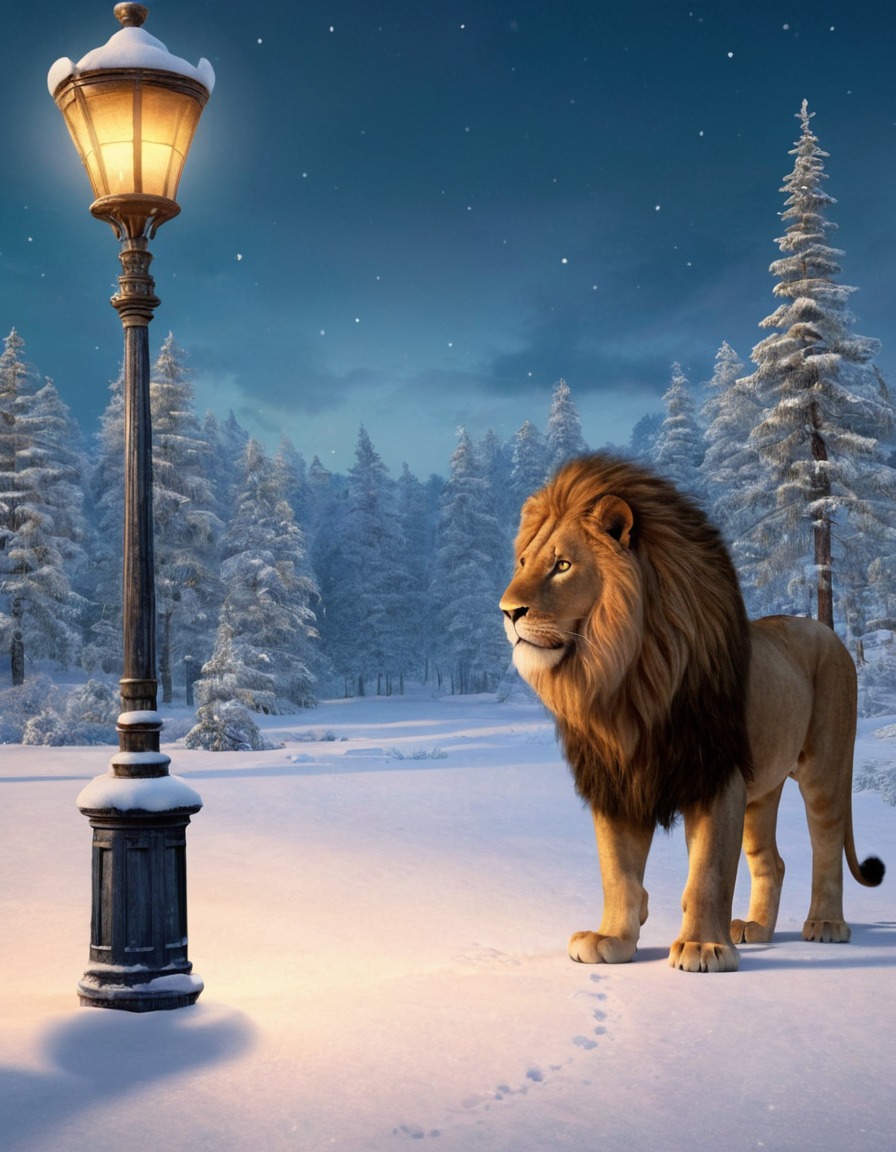 the lion, the witch and the wardrobe, c.s. lewis, fantasy, magical, wardrobe, snowy forest, lamppost, books