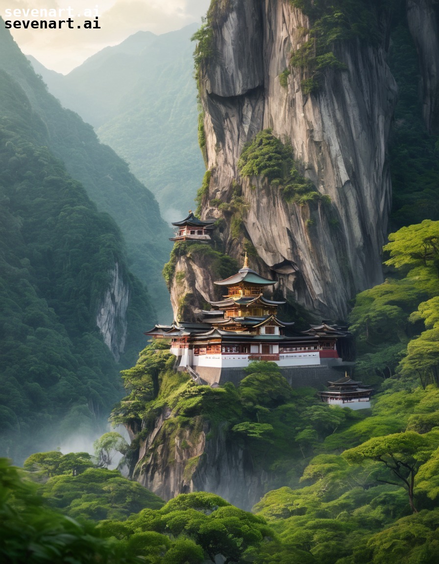 buddhist temple, mountainside, serene, tranquil, green landscape