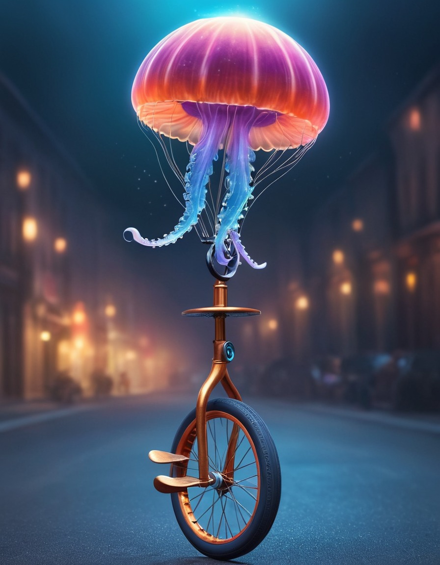 jellyfish, unicycle, strange, sea creature, bizarre, unusual transportation, circus performance