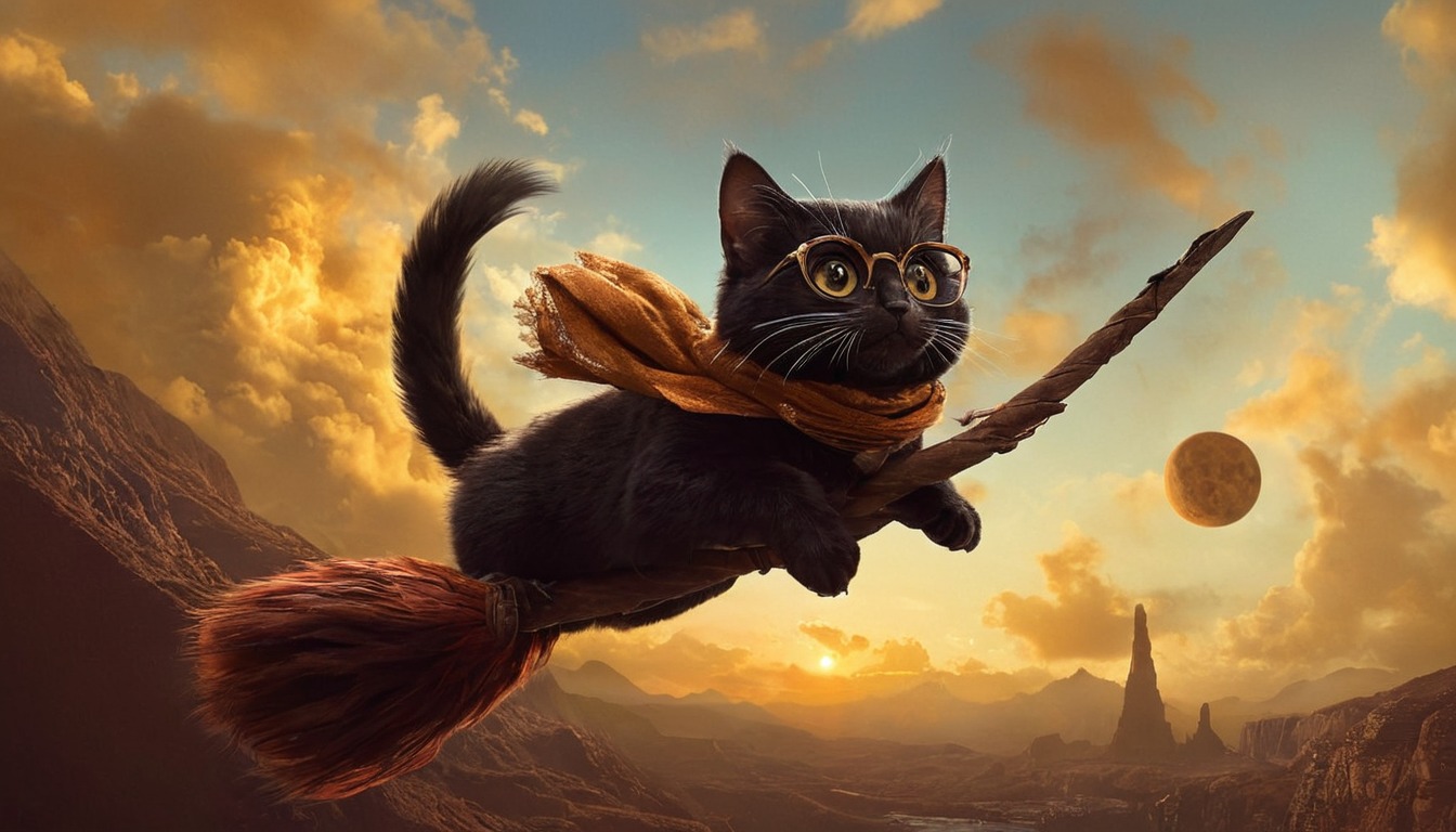 cat, digitalart, flying, digitalpainting, feline, kitty, harrypotter, quidditch, tournament, dailychallenge, aiartcommunity, midjourney, midjourneyai, midjourneyart, midjourneyartwork, midjourneyaiart, midjourneycommunity