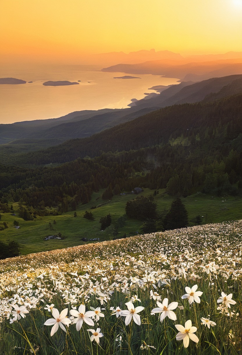 switzerland, landscape, sunset, flower fields, flower field, wild flowers, white flowers, nature, flowers, cottage