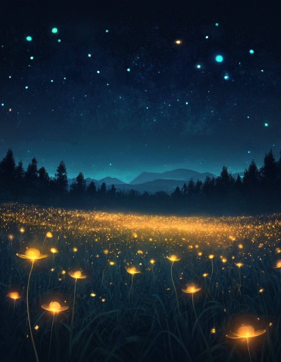 nature, night, fireflies, glowing, mystical, fantastic