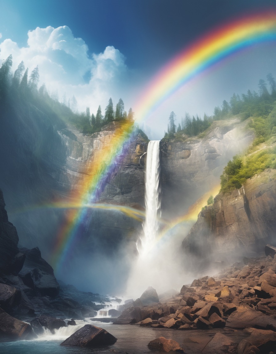 nature, waterfall, power, mist, rainbow