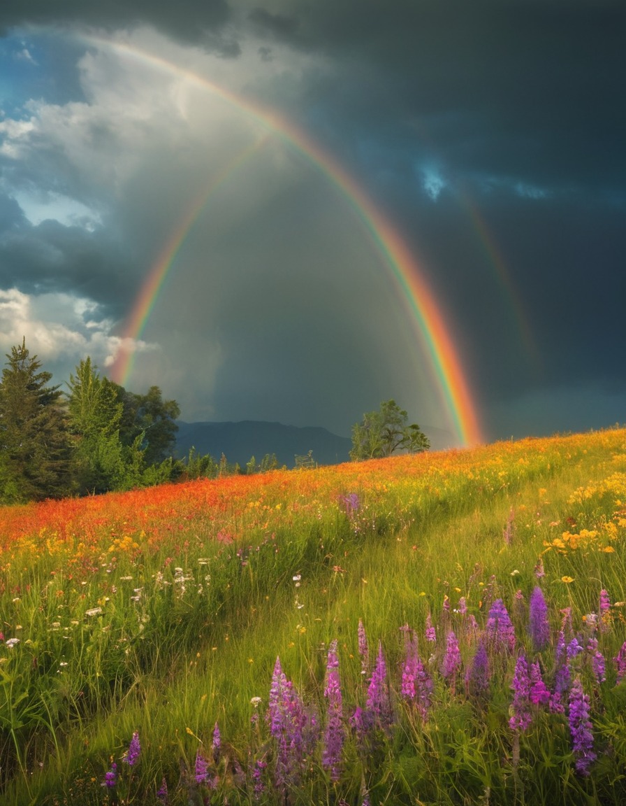 nature, rainbow, summer, meadow, flowers