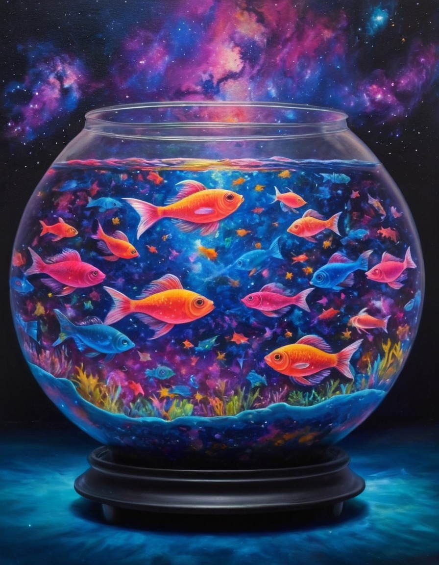 fishbowl, neon-colored fish, galaxy of stars, surreal