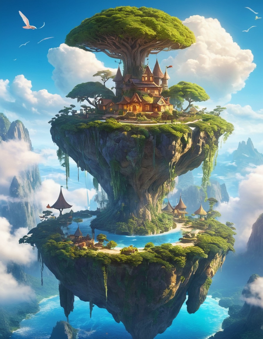 floating island, sky, winged beings, magic, fantasy, community, fantastic