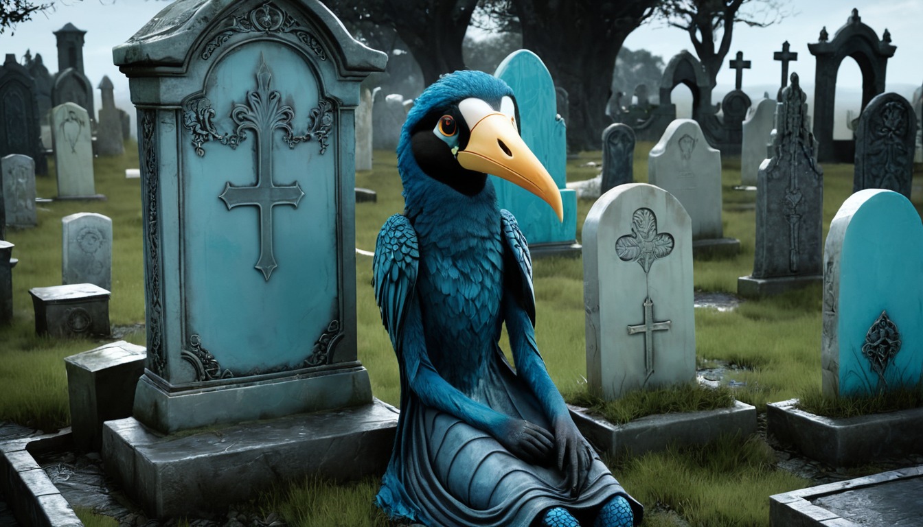 digitalart, bird, animal, cemetery, abstractart, creature, creepy, cute, dark, demon, epic, evil, fantasy, gravestone, graveyard, halloween, horror, macabre, monster, night, scifi, scififantasy, shadow, tombstone, aiart, dailychallenge, jamesar, noaihaters