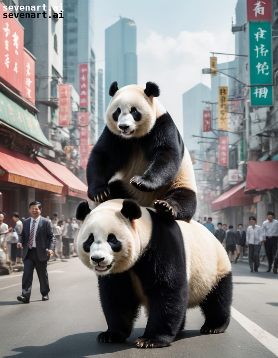 xi jinping, giant panda, city, fantasy, whimsical, china