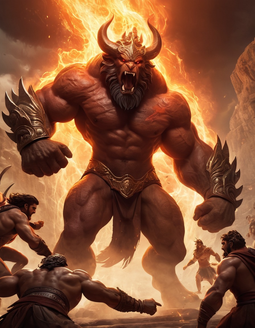 hephaestus, epic, fight scene, monsters, greek mythology, mythological creatures