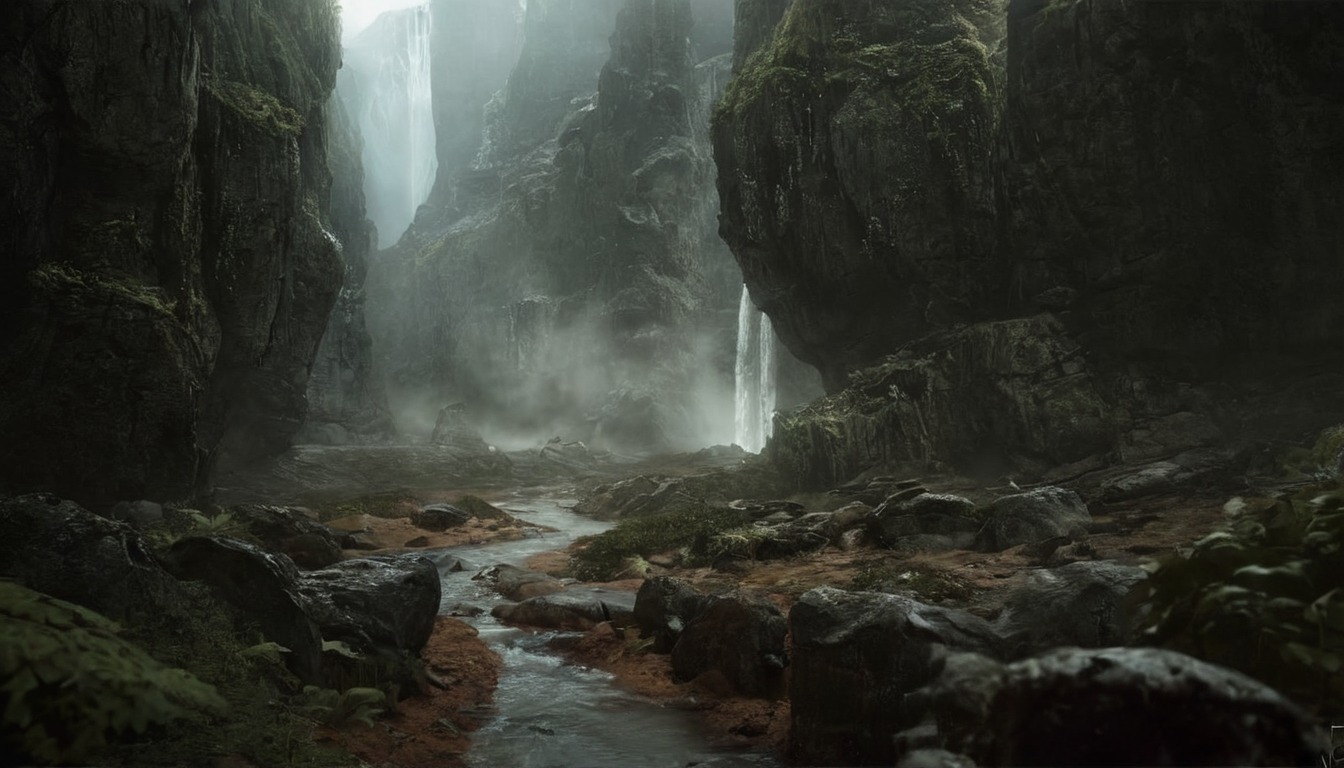 concept, path, environment, exile, forest, game, jungle, mattepainting, mood, painting, ruin, screen, waterfall, art, photobas