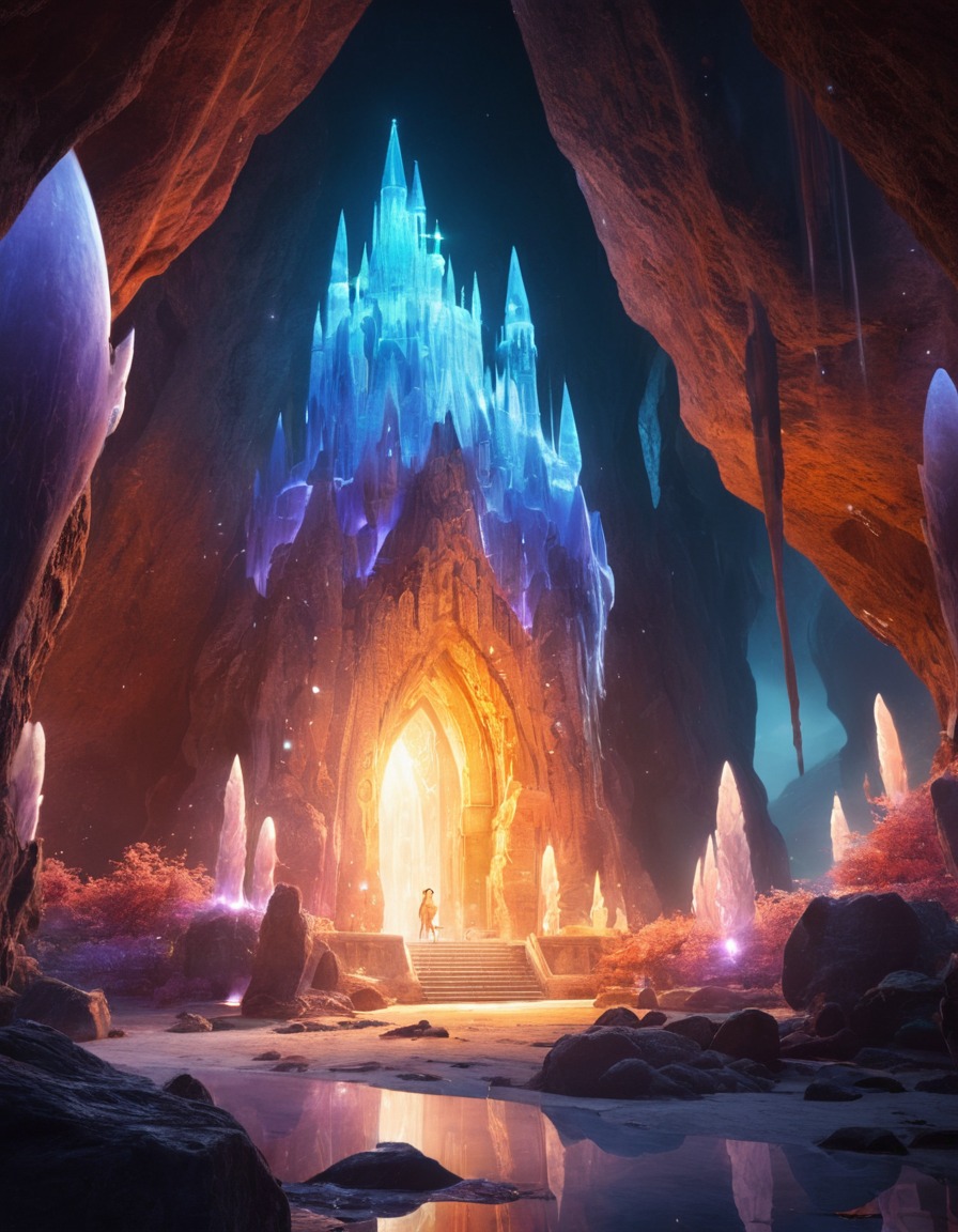 mysterious energy, ai, aiart, fantasy scene, crystal cave, digitalart, glowing crystals