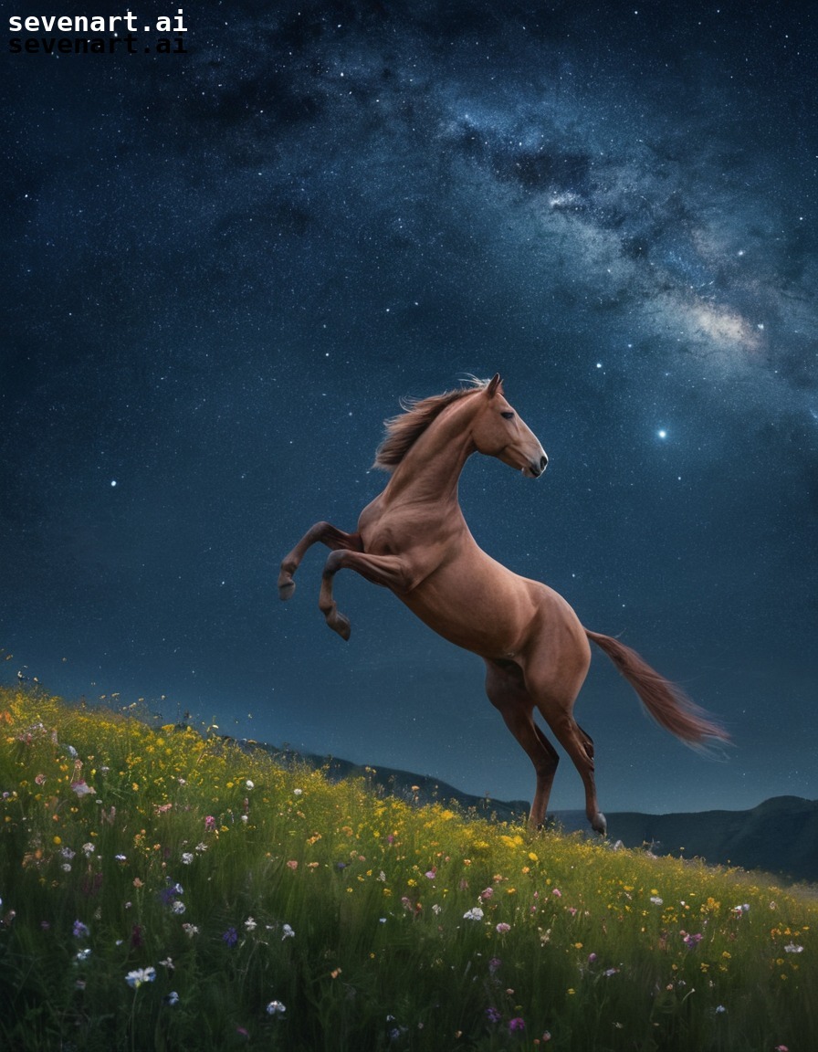 fantasy, centaur, galloping, wildflowers, night sky