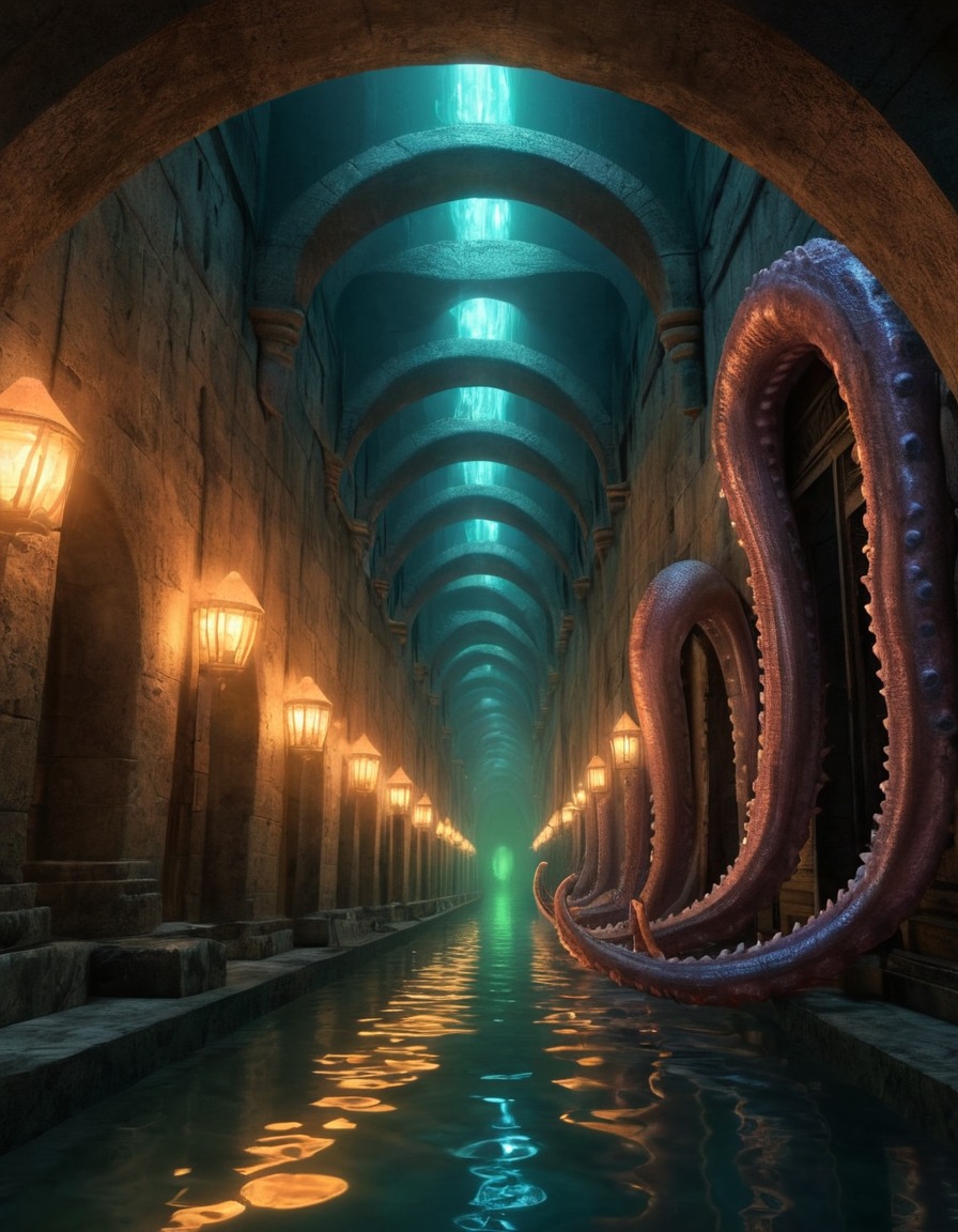 subterranean city, malevolent entities, tentacled creatures, glowing eyes, lovecraft, howard lovecraft