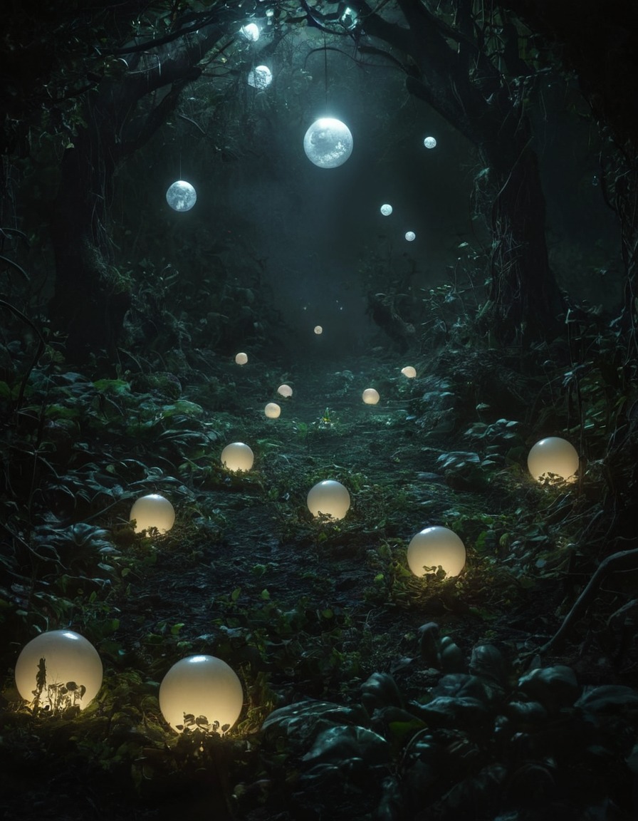 mystical, garden, floating orbs, soft light