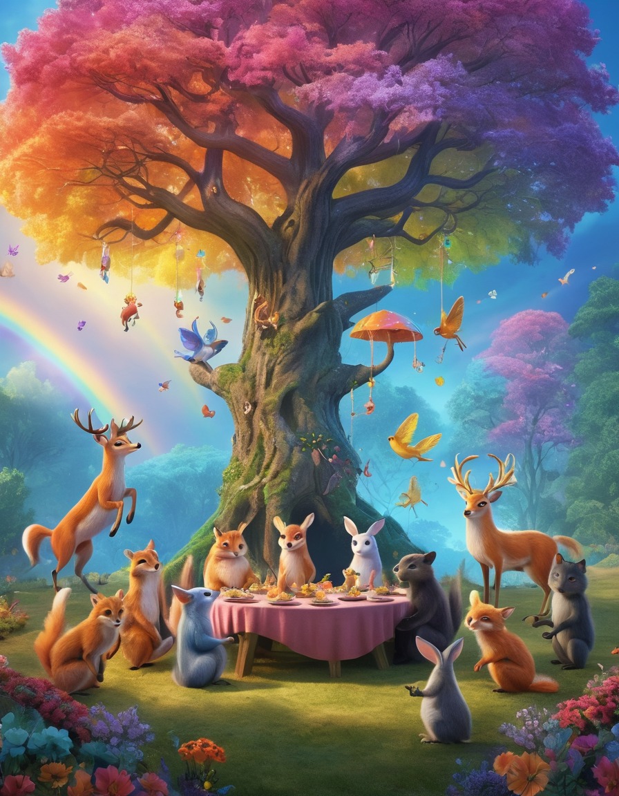 magical creatures, feast, rainbow tree, whimsical, fantasy, forest, celebration, fantastic